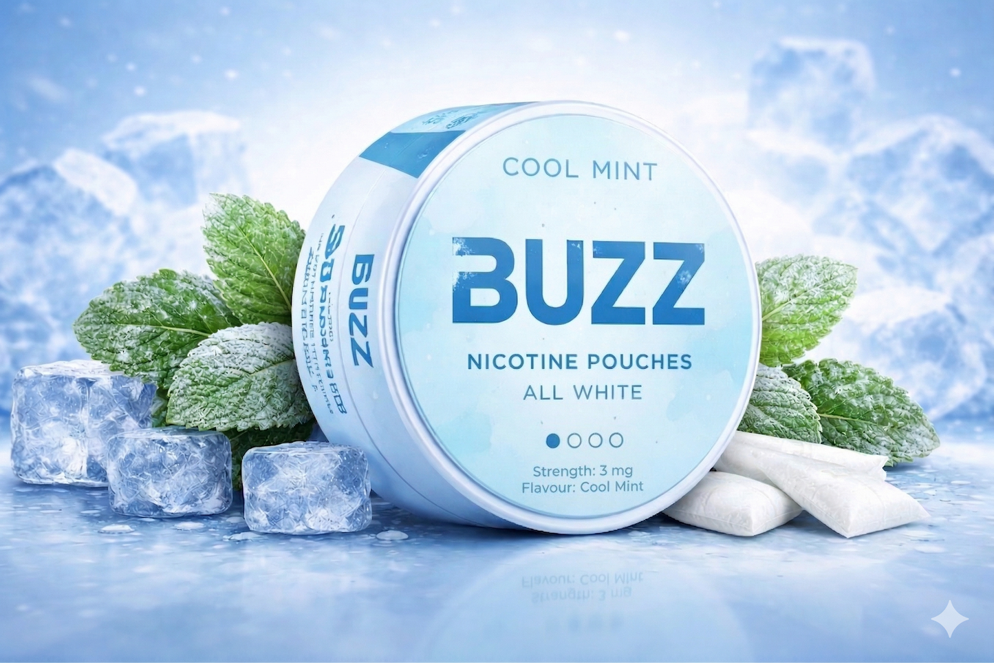 BUZZ Cool Mint 3 mg Nicotine Pouches – All White | Light & Refreshing Mint