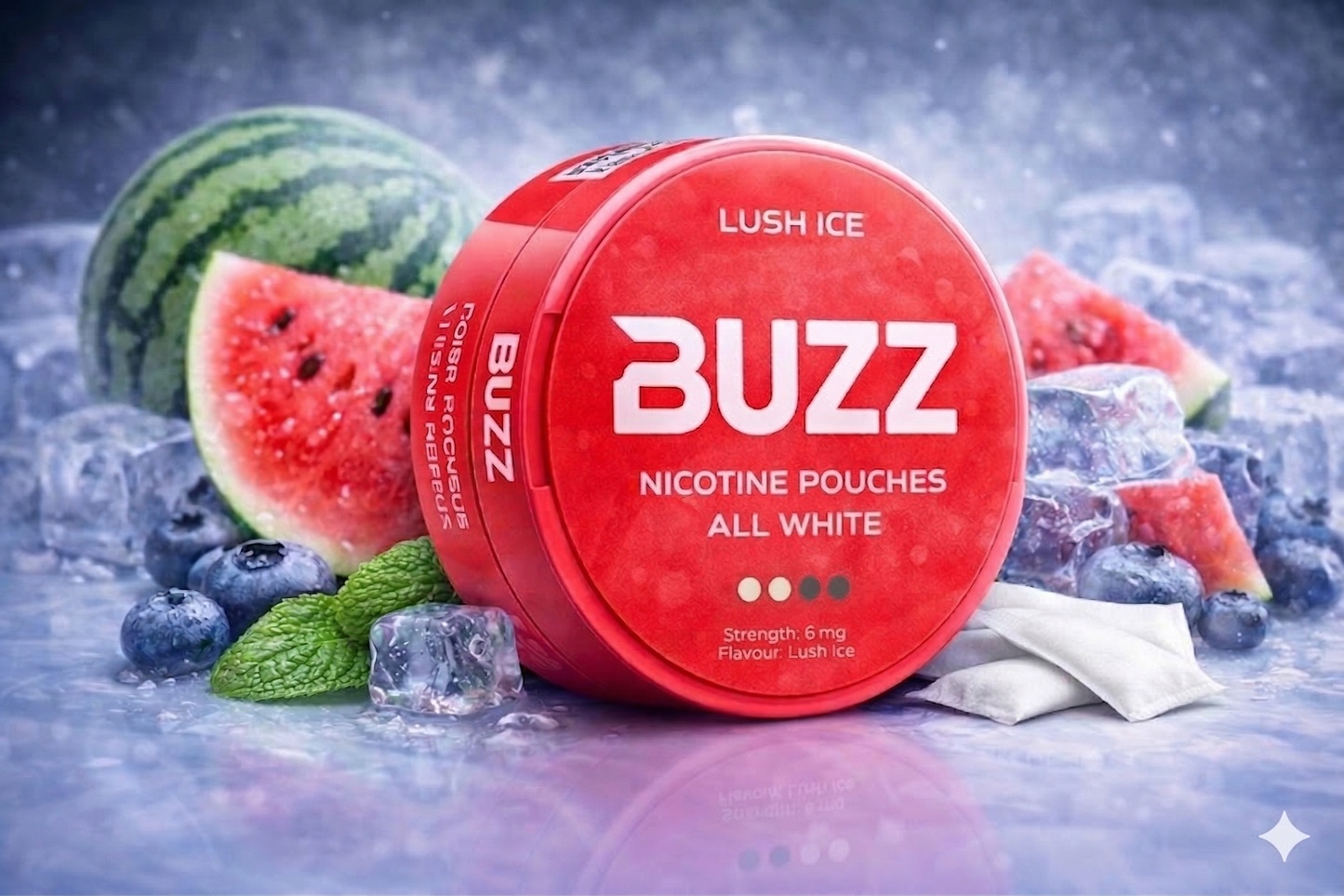 BUZZ Lush Ice 6 mg Nicotine Pouches – All White | Smooth Watermelon Ice